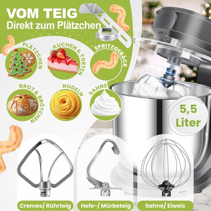 Кухонна машина KESSER 3в1 з м'ясорубкою та міксером, 1500Вт, чаша 5.5л, планетарний міксер для випічки та готування, антрацит