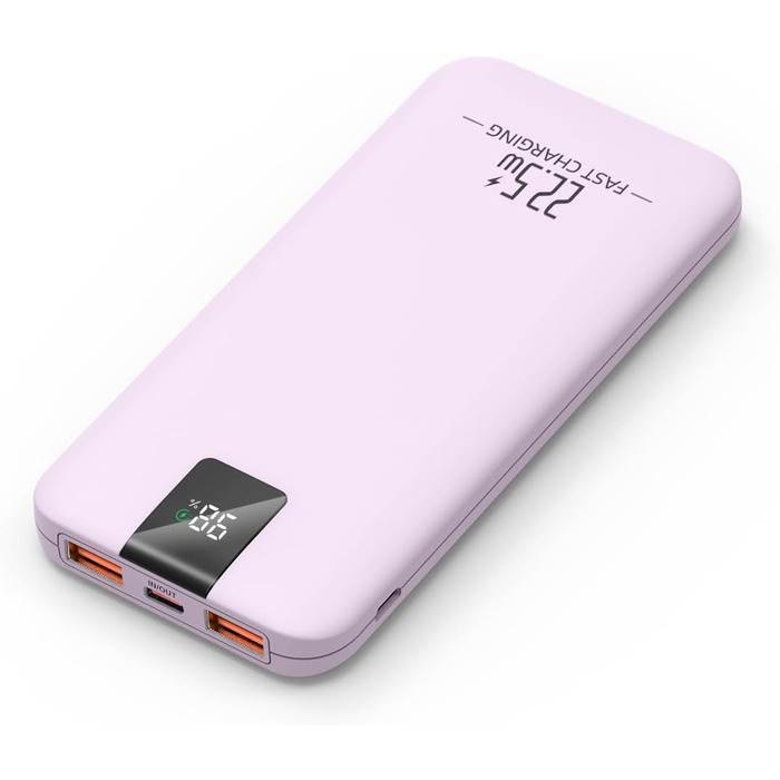 Powerbank 10000mAh 22.5W з LCD-дисплеєм, 3 виходи та 2 входи, USB C, фіолетовий