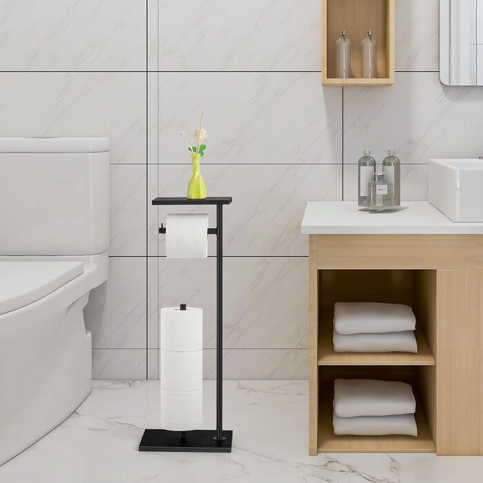 LIANTRAL Freestanding Toilet Paper Holder, Bathroom Toilet Paper Holder, Toilet Paper Storage with Shelf, Stainless Steel Tubes and Wooden Boards, Toilet Paper Storage Dispenser