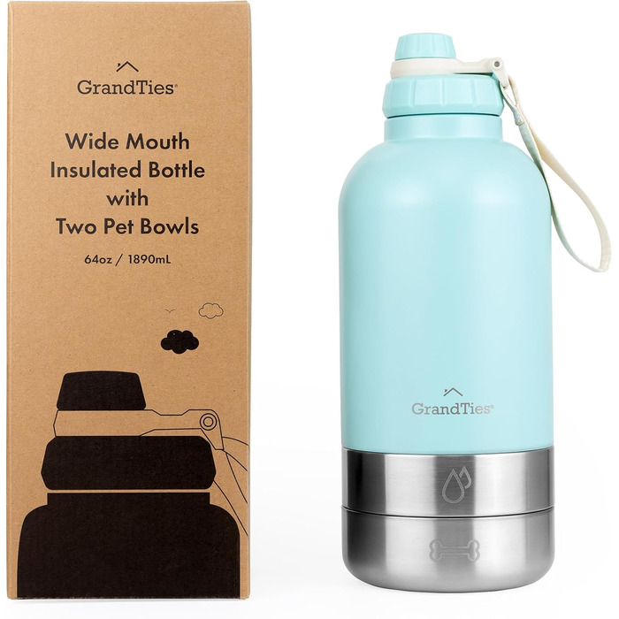 GrandTies Ізольована портативна пляшка для води для собак з 2 знімними диспенсерами для мисок, водонепроникний контейнер для корму для собак, аксесуари для собак для прогулянок, походів, кемпінгу (950 мл, ПУДРОВИЙ ГІРЧИЧНИЙ)