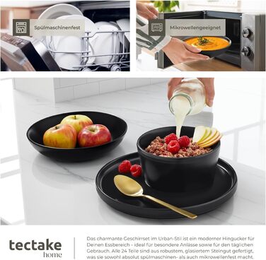 Набір посуду Tectake® для 6 осіб, 24 елементи: чорний набір посуду з кераміки, тарілки, миски, глибокі тарілки та тарілки для сніданку