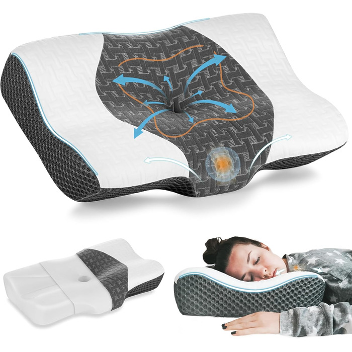 Elviros Orthopedic Pillow, Memory Foam Ergonomic Neck Support Pillow, Neck Pillow Head Pillow Neck Pain, Side Sleeper Pillow Stomach Sleeper Pillow, with Cover, Dark Grey