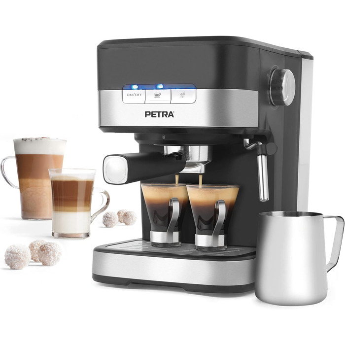 Petra Coffee Machine Barista Pro 1.5L, Semi-Automatic Espresso Machine with Milk Frother, Small Coffee Machine for Espresso & Cappuccino, Coffee Machine 15 Bar, 850W