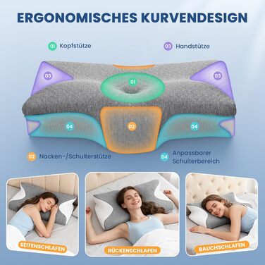 Ортопедична подушка A-Pce з Memory Foam для шиї, спини та плечей. Підходить для сну на боці, спині та животі. Сіро-білий колір