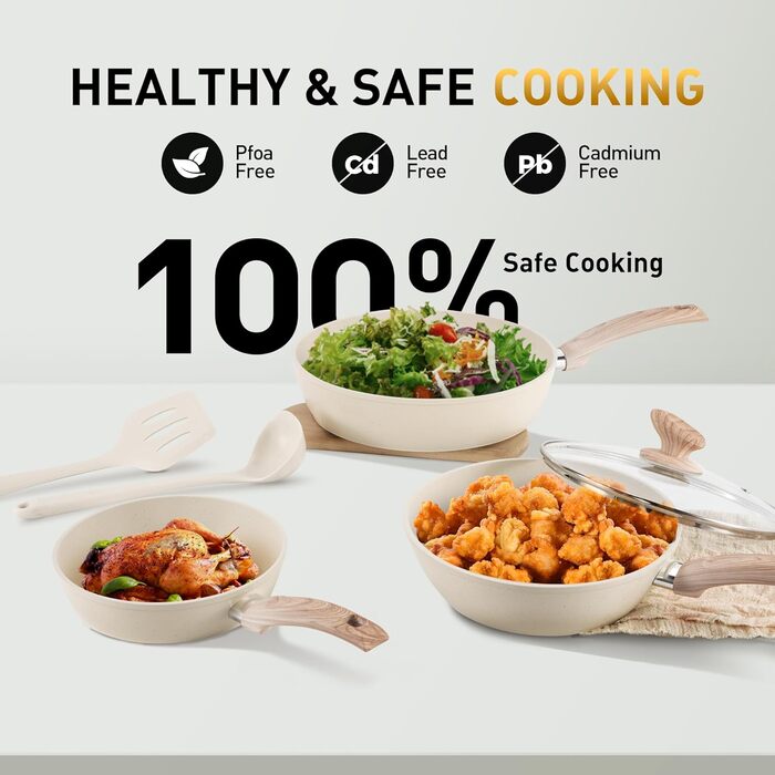 Набір посуду для індукції DishDelight, 12 предметів, гранітне антипригарне покриття, бежевий колір. Каструлі та сковороди з кришками.