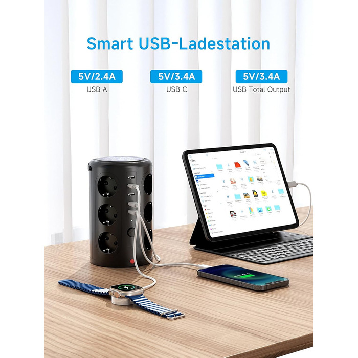 Багаторозеткова мережева панель Pluackg з 5 USB, 12 розеток, захистом від перенапруги, 2м кабелем, чорна