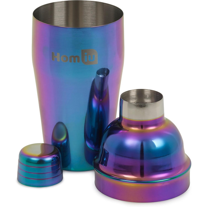 Homiu Stainless Steel Cocktail Shaker Set (550ml) with Rainbow Design, shimmering stainless steel, 5-piece: strainer, 2 jiggers (15/30ml)
