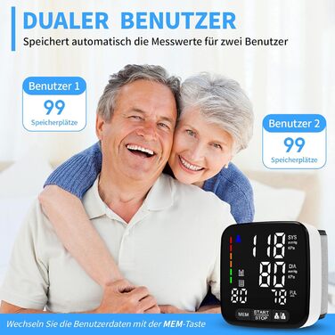 Тонометр на зап'ясті з визначенням аритмії, автоматичний, прецизійний вимір артеріального тиску та пульсу, кольоровий індикатор ризику, 2×99 місць пам'яті, для зап'ясть 13,5-21,5 см