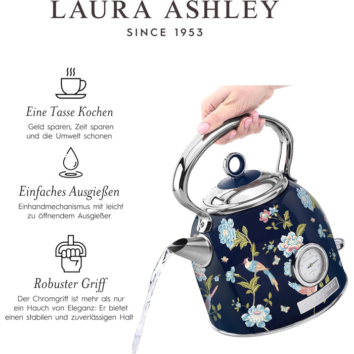 Laura Ashley Elveden Stainless Steel Cordless Electric Kettle - 1.7L, 2.2kW, with Temperature Display & Overheat Protection