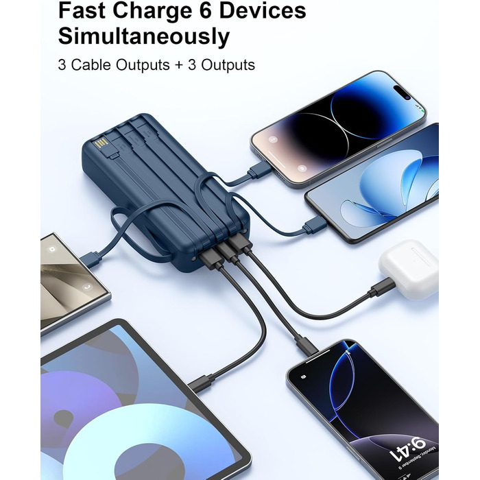 Портативний зарядний Power Bank 20000mAh з LED дисплеєм, 6 виходів, 2 входи, 22.5W, сумісний з iPhone, Samsung, Pixel, темно-синій