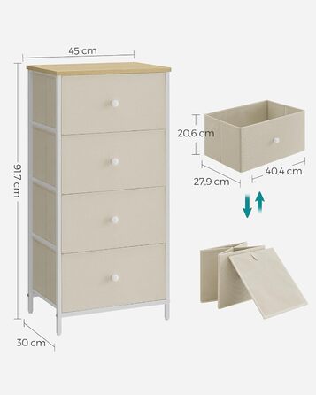 SONGMICS Chest of Drawers, Storage Cabinet with 4 Fabric Drawers, Metal Frame, Tall and Narrow, White-Oak Finish LTS314W57 (Camel Yellow + Cream White, 30W x 45D x 91.7H cm (4 Drawers))