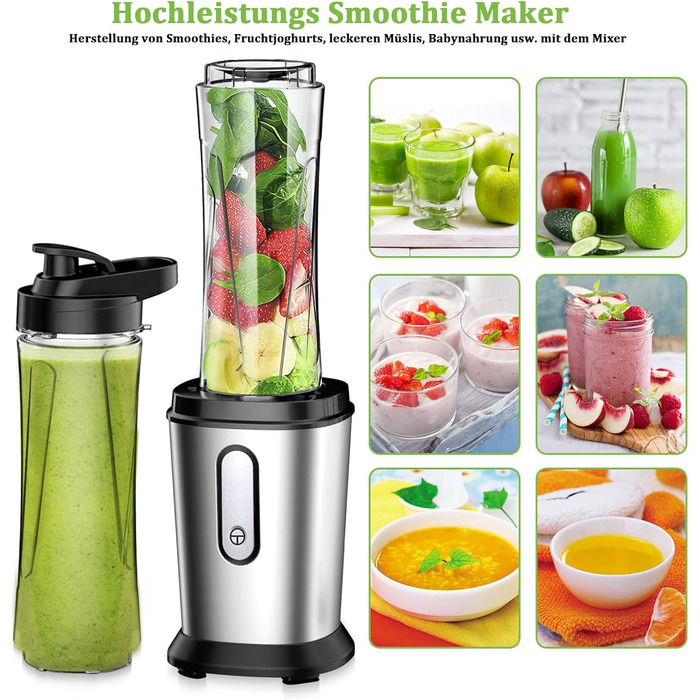 Міні-блендер Standmixer 500W з 2 пляшками Tritan, 4-лопатевий, для шейків та смузі, з нержавіючої сталі, портативний