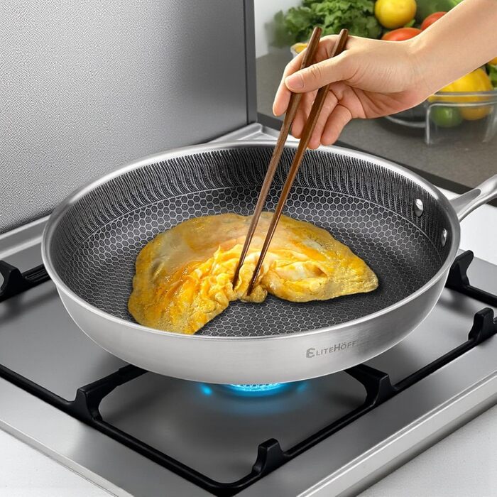 Сковорода EliteHoff Premium 28 см, антипригарна з вафельною структурою, універсальна для всіх плит, індукційна, без PFOA, для духовки та посудомийної машини, срібна (E-7550)
