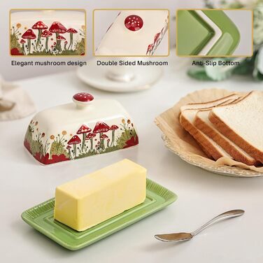 Fun Mushroom Butter Dish with Lid for Countertop - Ceramic, Red Mushroom Butter Container, Butter Tray, Large Butter Dish (White, Standard)