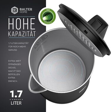Balter Stainless Steel Kettle WK-4, 1.7 Liter, Electric Kettle, Double-Walled Design, BPA Free, LED, Compact Tea Kettle, Quiet (Black)