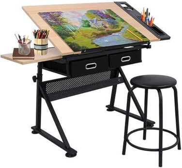 Folding Art Table with Stool and Drawers - Natural Wood Finish