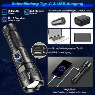 LED ліхтар на батареї, 500 000 люмен, тактичний, з регулюванням фокусу, для кемпінгу, матовий чорний