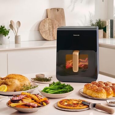 Panasonic NF-CC600AXE Air Fryer with Viewing Window, 6 l, 80–200 °C, digital timer & LCD display, gentle steam injection, 11 presets, easy cleaning, Black with Rose Gold handle