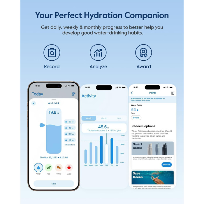 Смарто-пляшка WaterH Boost з нагадуванням про воду, 710 мл, зелена. Вакуумна ізоляція, нержавіюча сталь, BPA-free. Пляшка з APP для контролю пиття