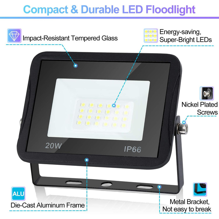 LED Floodlights Outdoor, Pack of 5, IP66 Waterproof Floodlights for Indoor and Outdoor Use, 8500LM Super Bright Outdoor Lights, 120 Degree Outdoor Lighting 6000K Cold White Spotlights Floodlights (Pack of 2, 20W)