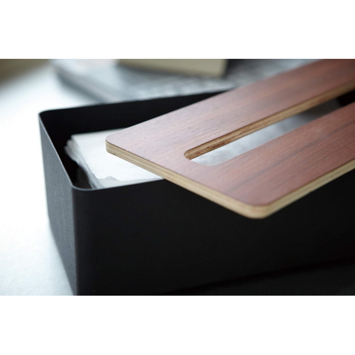 Yamazaki 7729 RIN Tissue Box with Lid, Black, Wood/Steel, Minimalist, 26 x 13 x 8.2 cm