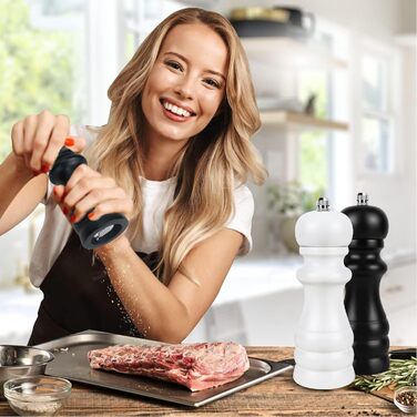 Набір з 2 шт. ручних мельниць для солі, перцю та чилі - дерев'яні солянки та перечниці, класичне регулювання помелу, для солі, перцю, чилі, чорний та білий колір