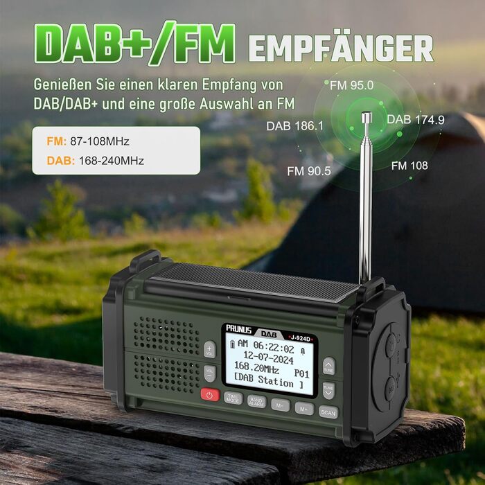 Радіоприймач PRUNUS J-924D: DAB+/UKW, радіоприймач-кринка з акумулятором 10000mAh, Bluetooth, ліхтарик, SOS, зарядка для телефону. Зелений