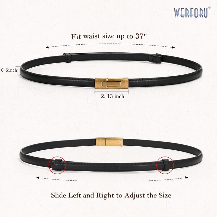 Жіночий шкіряний ремінь WERFORU - тонкий, регульований, з декоративною золотистою пряжкою. Довжина 105 см, підходить для розміру талії до 93 см (чорний+срібло)