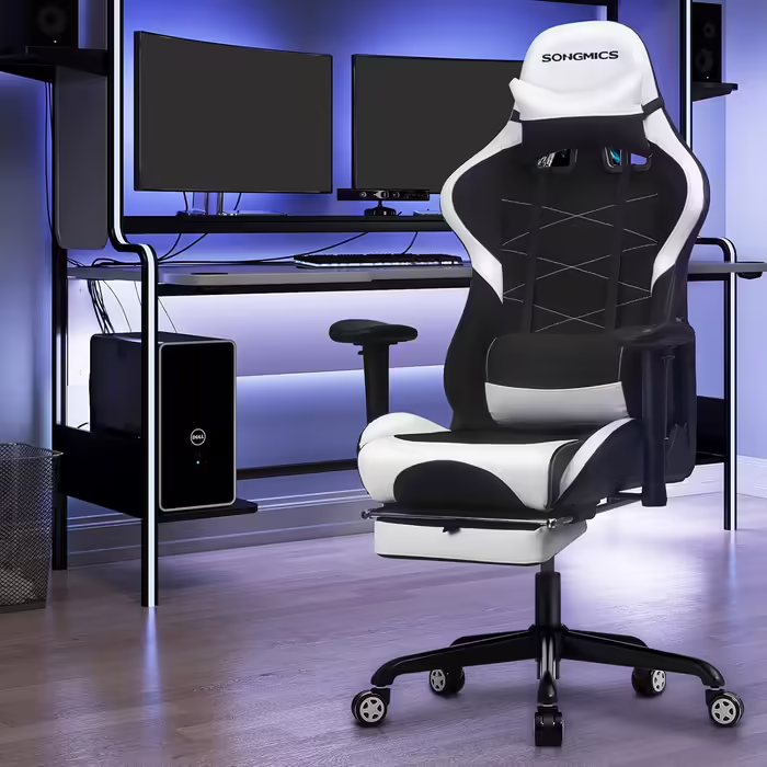 SONGMICS Gaming Chair with Footrest, 330 lbs, Office Chair, Desk Chair, Lumbar Pillow, Headrest, High Backrest, Ergonomic, Steel, Faux Leather, Breathable Mesh Fabric, Black-White RCG52BW Black + White
