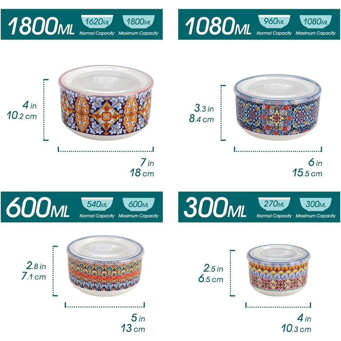 Набір супових та салатних мисок Vancasso (4 шт.) з кришкою, кераміка, 300/600/1080/1800 мл - для обіду, пікніка, кухні