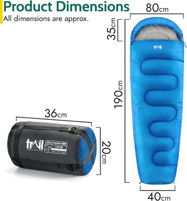 Спальний мішок для дорослих Trail 3 сезони – для кемпінгу та відпочинку на природі (300 GSM, блакитний)