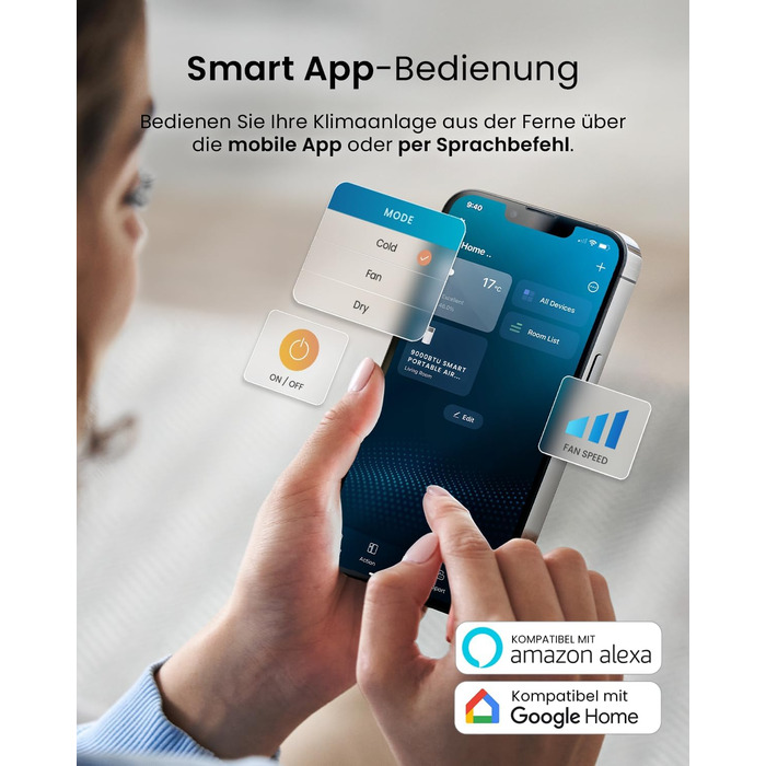 Мобільний кондиціонер Pro Breeze™ 9000 BTU 4-в-1: охолоджувач, вентилятор, осушувач, нічний режим, клас енергоефективності A, комплект для ущільнення вікна, пульт ДК та таймер 24 години, білий