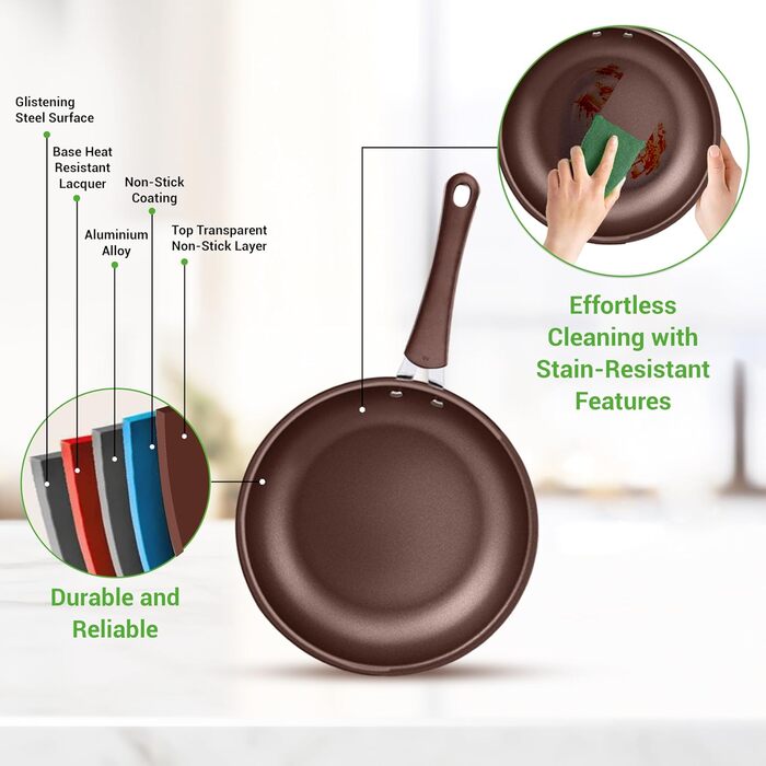 Nutrichef Frying Pans & Induction Cookware Set, 14-Piece Frying Pan Set & Pot Set Induction, Pots & Pans with Cool-Touch Handles PFOA/PFOS-free – Non-Stick – Aluminum with Stainless Steel Edges – Oven-Safe Brown