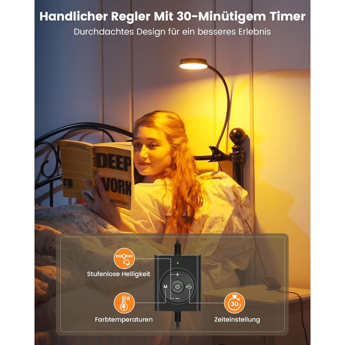 Glocusent 5W LED Лампа для читання на ліжко, кліпса, 36 LED, 5 рівнів яскравості, гнучкий тримач, CRI 90, USB зарядка (біла)