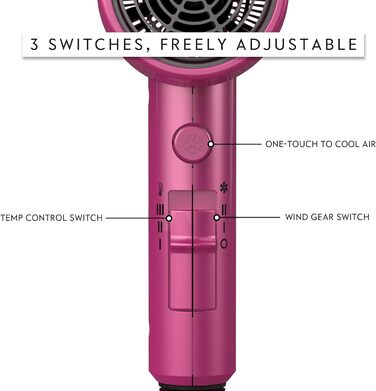 Фен AINA з дифузором, для жінок | Іон-технологія, керамічне покриття, холодний струмінь, 230v~ (неоново-рожевий)