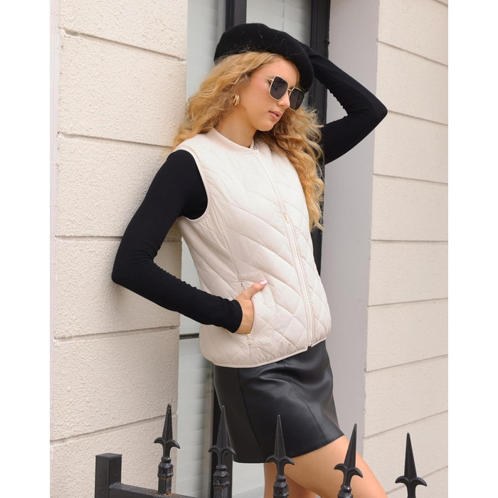 Жіноча степкова жилетка Fuinoth з рифленим коміром, натуральний блискавка, стьобана жилетка (M, Бежевий)