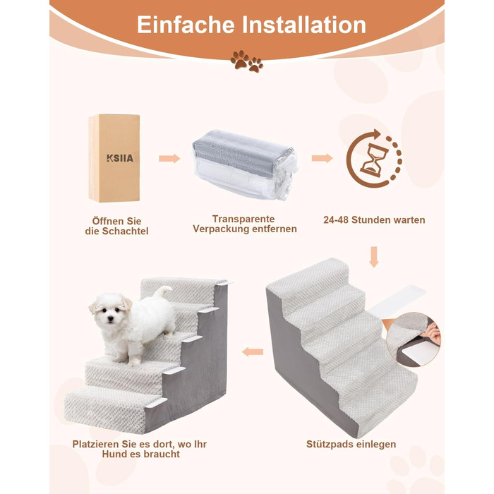 KSIIA Dog Stairs for Small Dogs 44cm High, Pet Stairs with Removable Washable Cover, Cat Stairs for Old Cats and Dogs, Non-Slip Dog Ramp Dog Stairs for Bed Sofa, Grey (5 steps (L75 x W40 x H55 cm))