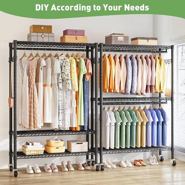 Вішалка для одягу на коліщатках металева з полицею та гачками, чорна 120x45x205 см