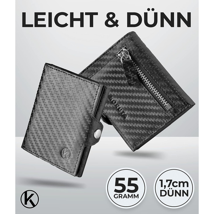 Гаманець Koruta Slim з монетницею та RFID захистом - картхолдер для чоловіків і жінок - мінімалістичний портмоне з карбону, чорний