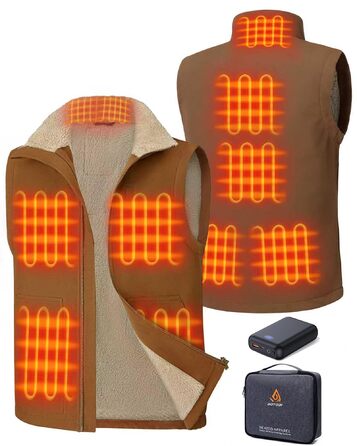 Електрична гріюча жилетка для чоловіків з Powerbank 16000mAh, 7,4V, 9 зон обігріву, канвас, фліс, регулювання температури, khaki XXL