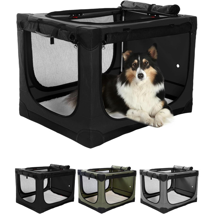 Складана переносна собача будка для собак середніх та великих порід, 106.7 см, з 4 дверцятами, чорна, з сумкою для зберігання, 106*78*78 см