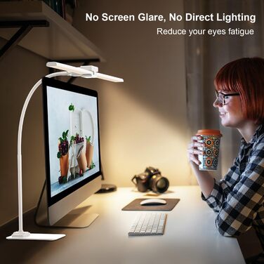 LED Desk Lamp with Adjustable Brightness - 1200 Lumens, Dual Head, Clamp-On for Home Office, Eye Protection, Gooseneck Design, Monitor Light with 5 Color Temperature & Brightness Levels (Metal Base)