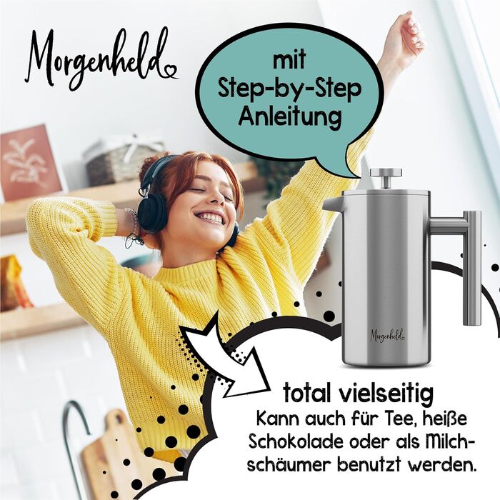 Morning Hero Premium Stainless Steel French Press, large size for 5 cups, 1000 ml, metal coffee press, induction suitable, 1l thermal insulated carafe, barista coffee maker, double-walled, manual coffee pot, 1000ml, 1000ml (5 cups)