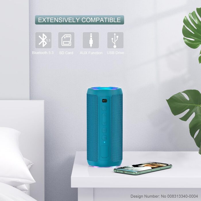 Ortizan Bluetooth Колонка з підсвіткою, портативна водонепроникна (IPX7) колонка з подвійними басами, 30 год автономії, гучний зв'язок, блакитний