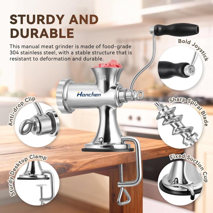 М'ясорубка ручна Hanchen з нержавіючої сталі з присоскою, насадкою для ковбас, 2 дисками та шреддером для овочів - посудомийна