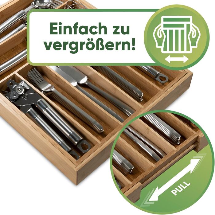 Loco Bird Cutlery Box for Drawers made of Bamboo - Adjustable Drawer Organizer Kitchen Wood - Cutlery Insert for Drawers Pull-out up to 50cm - Drawer Insert Kitchen - Cutlery Organizer