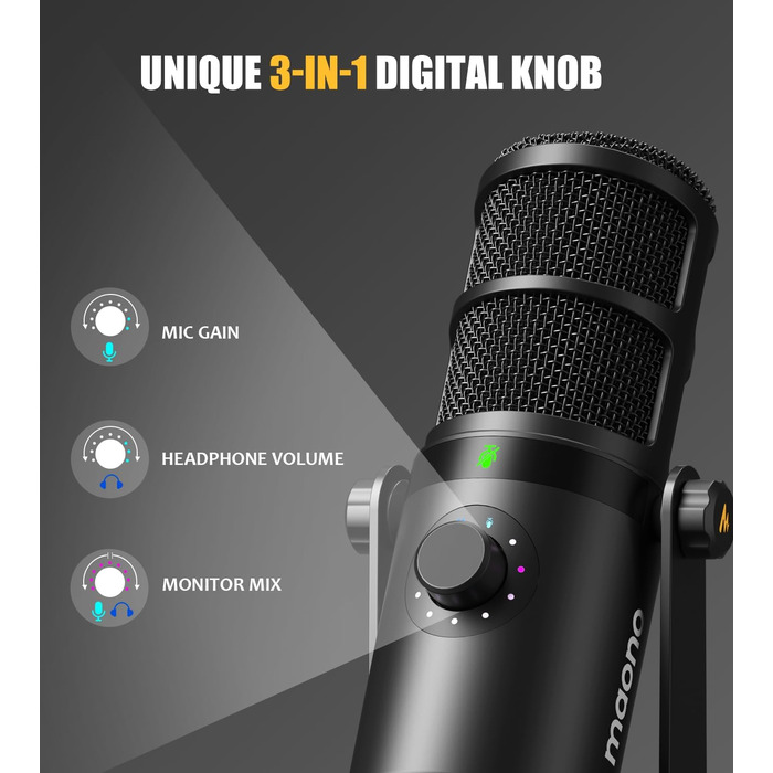 MAONO PD400X: USB/XLR мікрофон для подкастів, студії, стрімінгу та геймінгу з регулюванням гучності та функцією Mute
