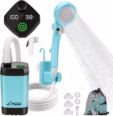 WADEO Portable Camping Shower with Battery and Pump, Camping Shower with Rechargeable 6000/8000mAh Battery, Mobile Showers Outdoor Showers with Shower Head and Hose, for Camping, Travel, Garden, Car Washing (Blue, with Double Digital Display)