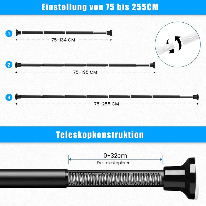 Тeleskopна штанга для душу без свердління, 72-254 см, чорна (Ø25 мм)