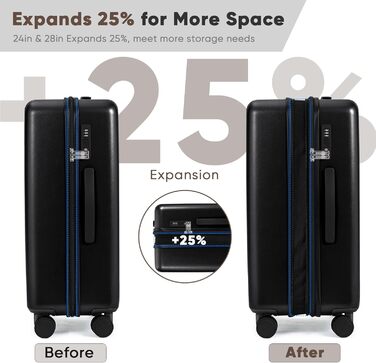 Набір валіз SHOWKOO 2 шт. з жорстким корпусом (65см + 75см), розширюваний, ультралегкий, полікарбонат, з TSA замком та 4 колесами (Чорний, XL/75см)